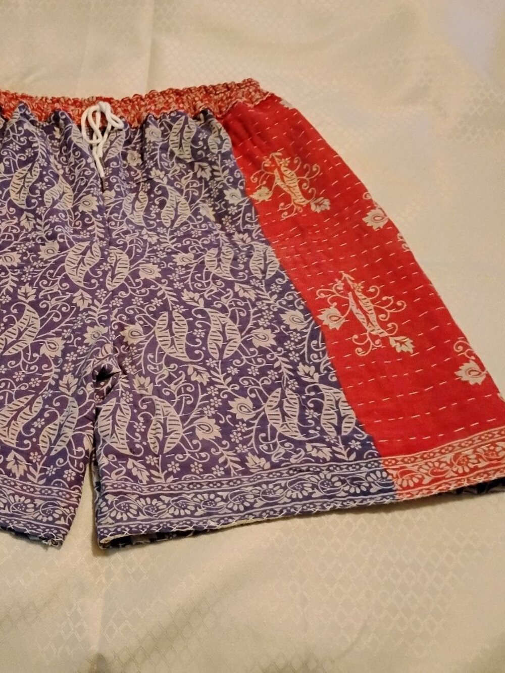 Kantha Shorts Blue Peach L - 1X 16"- 24" Waist Handmade Comfy Cotton New KSH2.